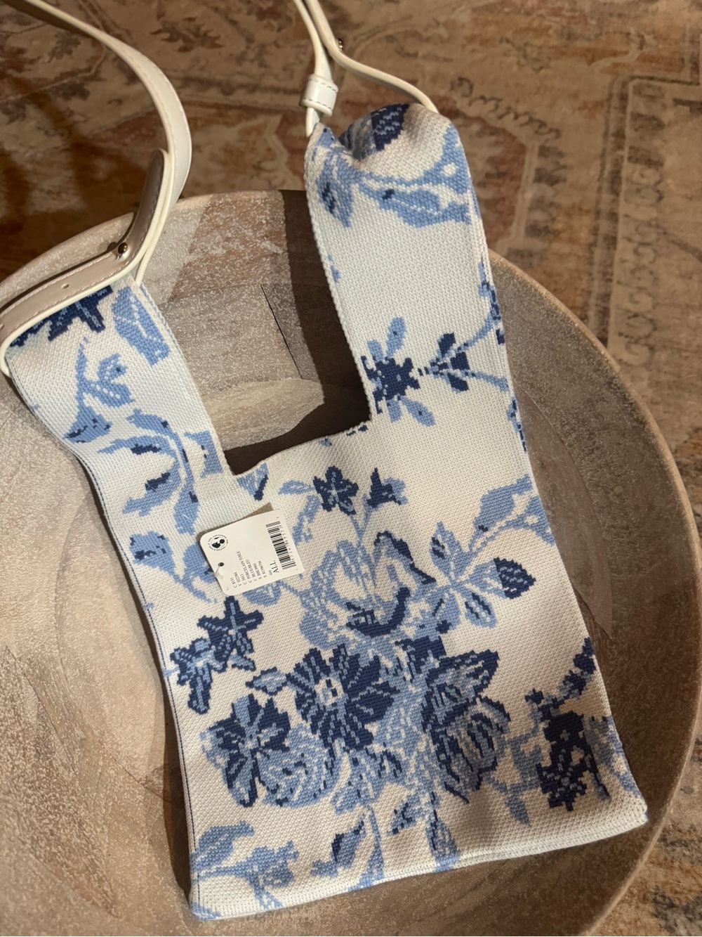 Free People Cream and Blue Floral Canvas Shoulder Bag